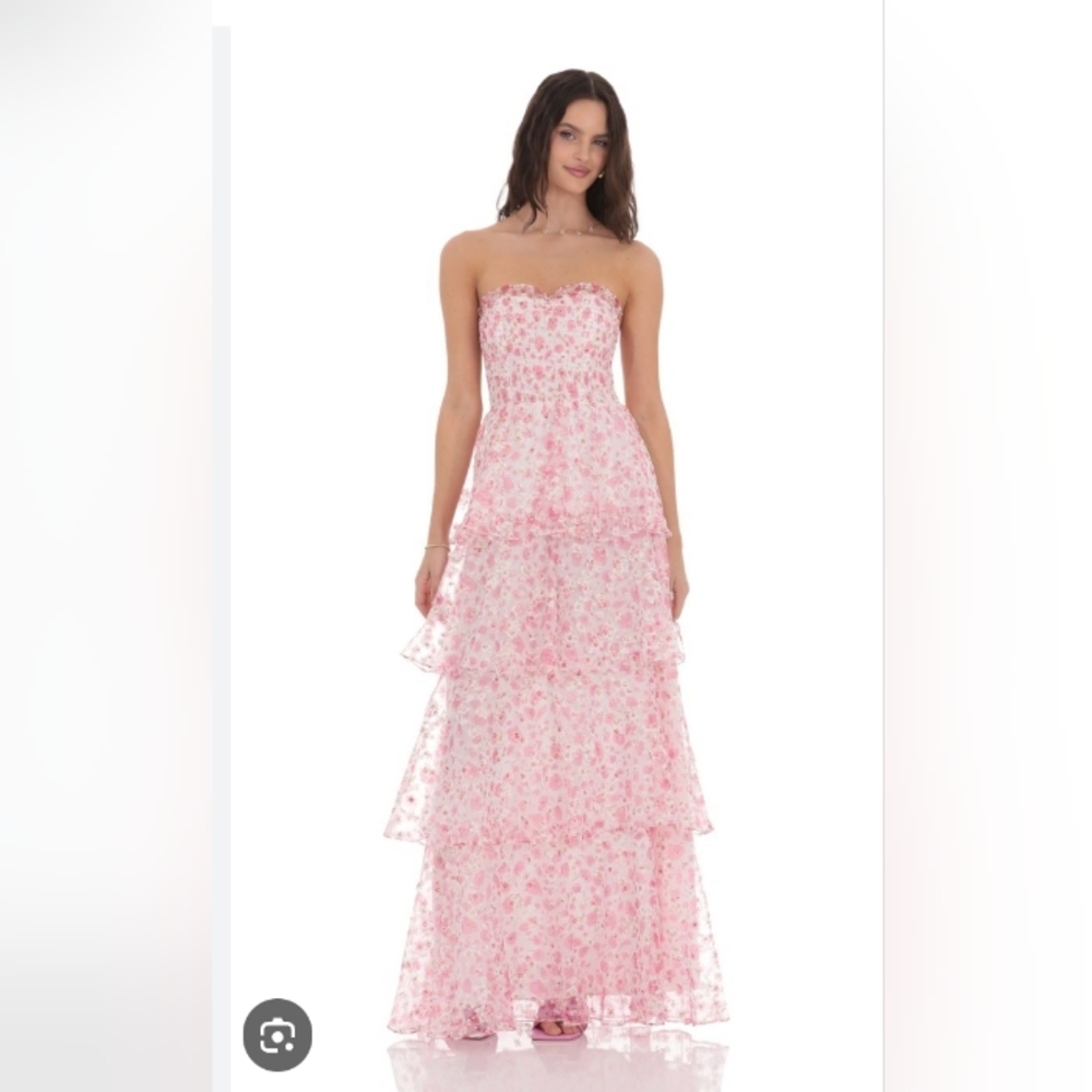 Lucy In The Sky Dress Smock Maxi  Pink Lined Small Zip Strapless